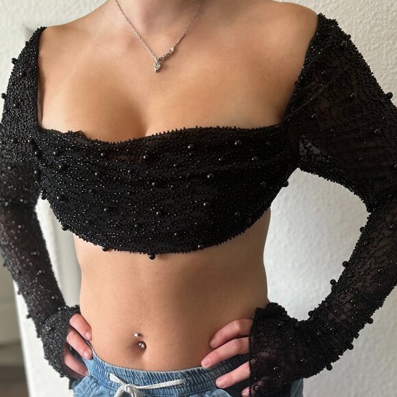 Oh Polly Tops - Oh Polly Embellished Cowl Neck Crop Top